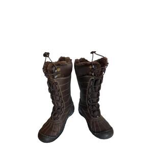 J41 Avery Boots Womens Size 8.5 Brown Faux Fur Winter Duck Boot Front Lace EUC